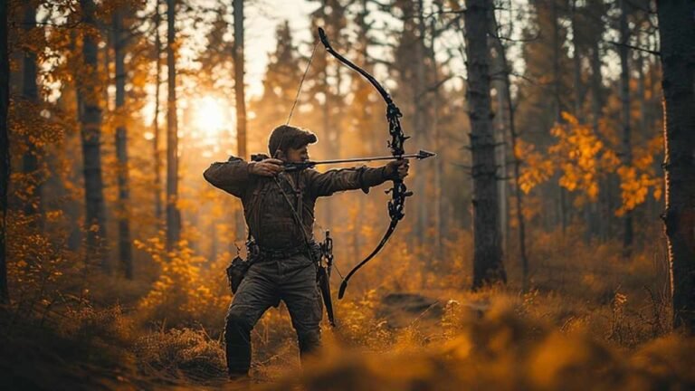 Archery hunter drawing bow in Manitoba boreal forest during fall season