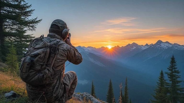 Archery hunter glassing mountainous British Columbia wilderness at sunrise