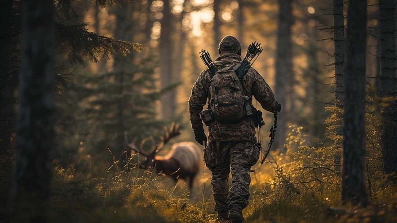 Archery hunter stalking elk in Alberta forest