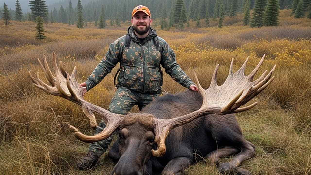 Moose hunter with harvested bull in Newfoundland wilderness during fall season