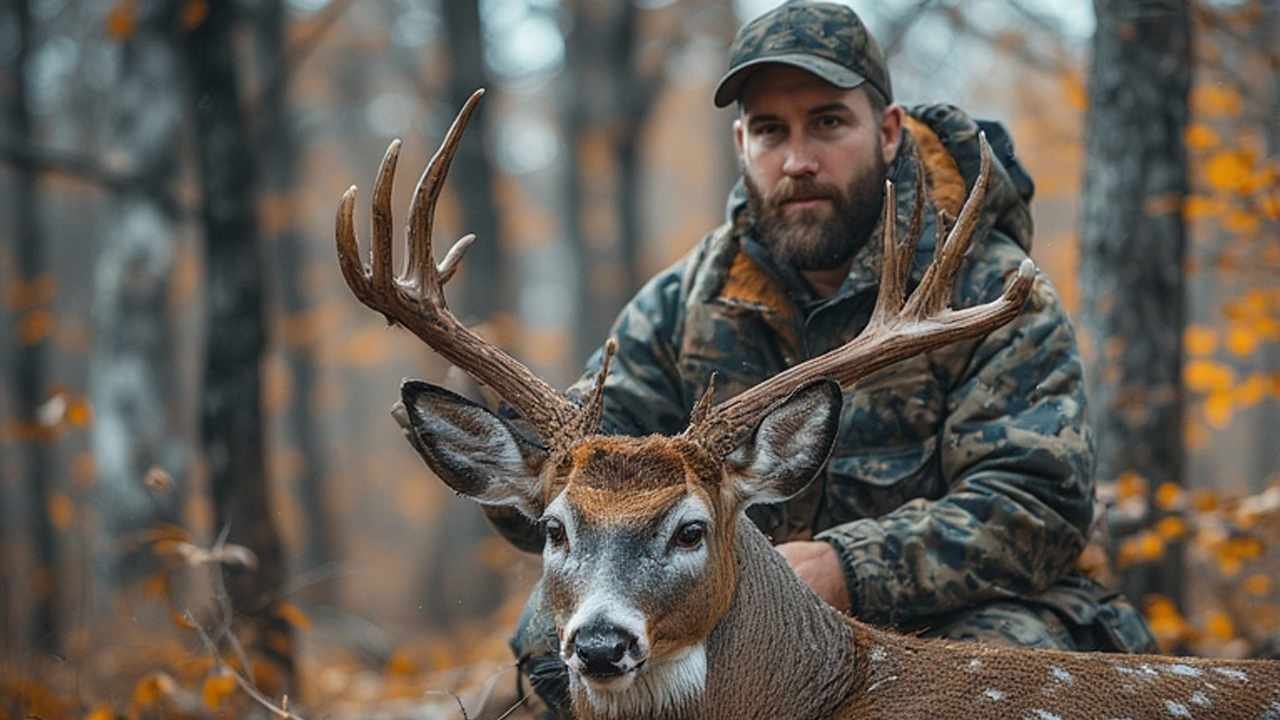 Ontario hunter with harvested white-tailed deer in autumn forest setting