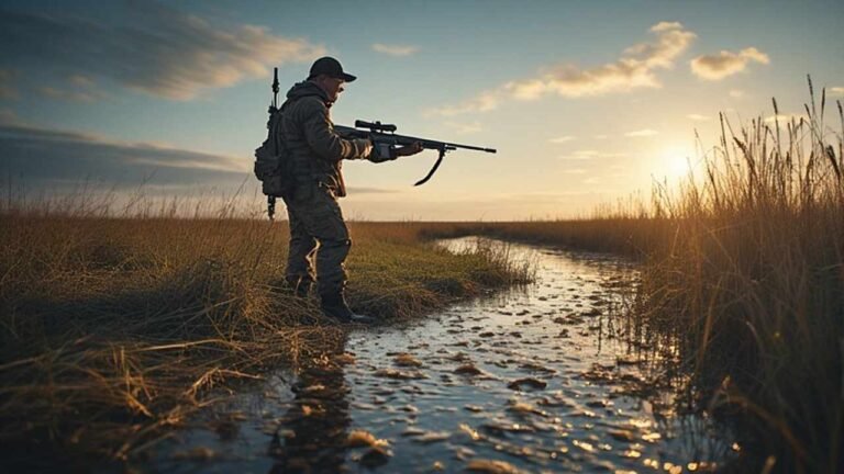Waterfowl hunter in Prince Edward Island coastal marsh at sunrise