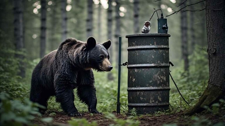 Approved black bear bait station with barrel and scent lure in remote Ontario forest