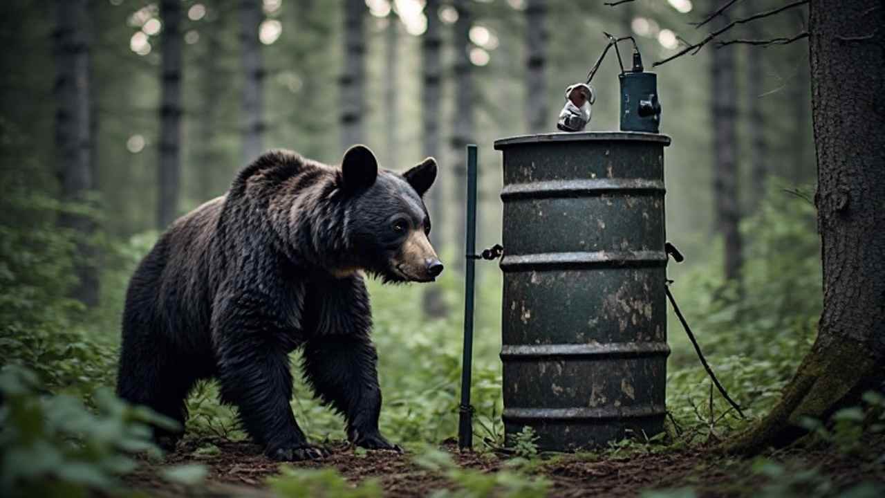 Approved black bear bait station with barrel and scent lure in remote Ontario forest