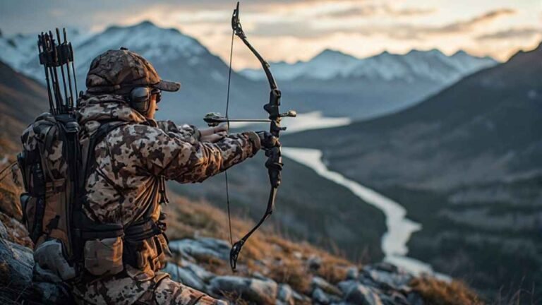Archery hunter glassing a valley in the Yukon backcountry at dawn