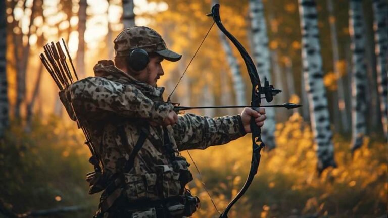 Archery hunter in a Saskatchewan aspen parkland forest at golden hour