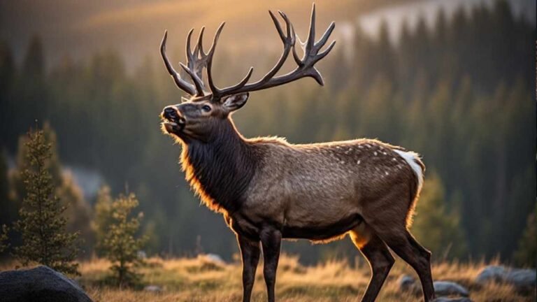Bull elk bugling during peak rut in Alberta foothills at dawn
