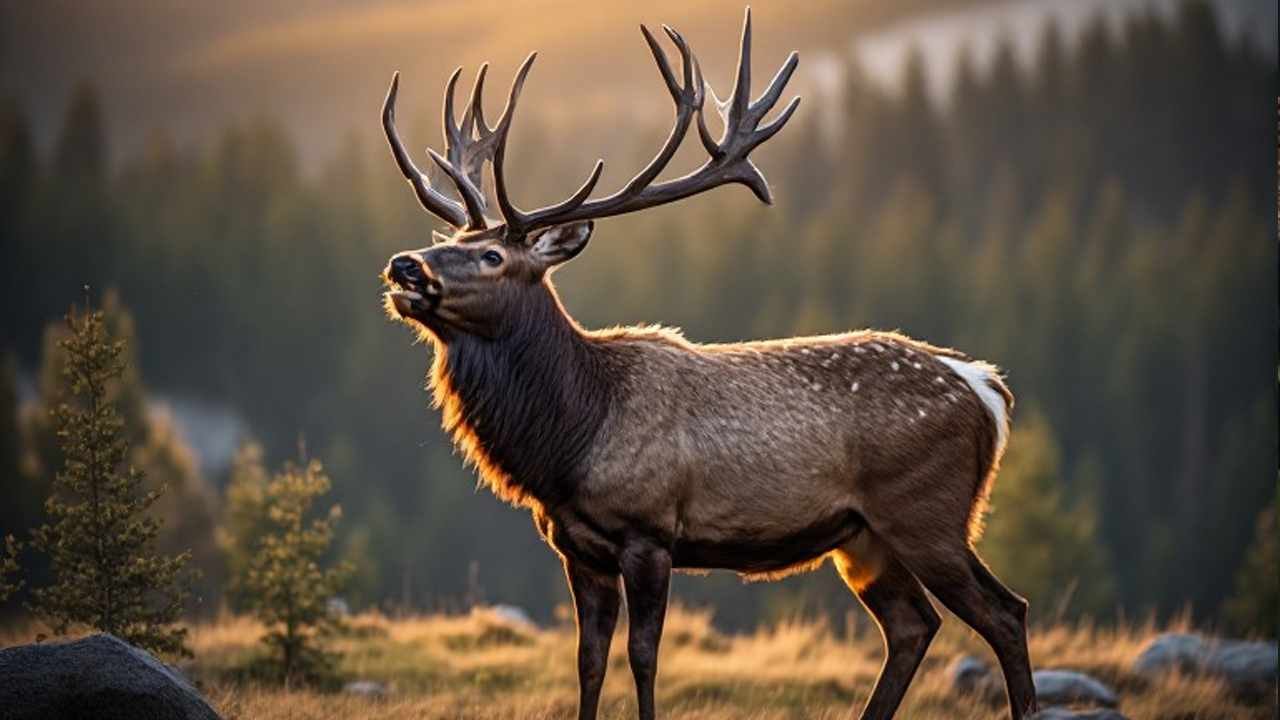 Bull elk bugling during peak rut in Alberta foothills at dawn