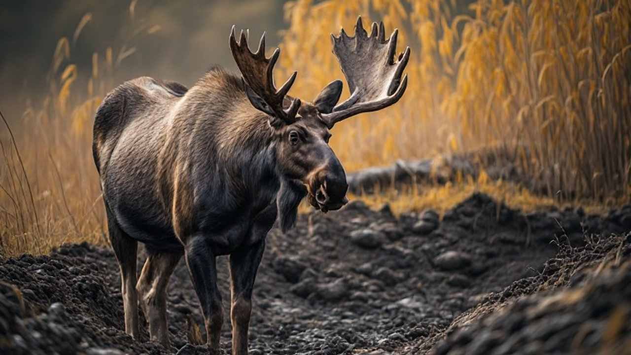 Bull moose wallowing in a muddy rut pit with willow brush behind him, late September in northern Alberta