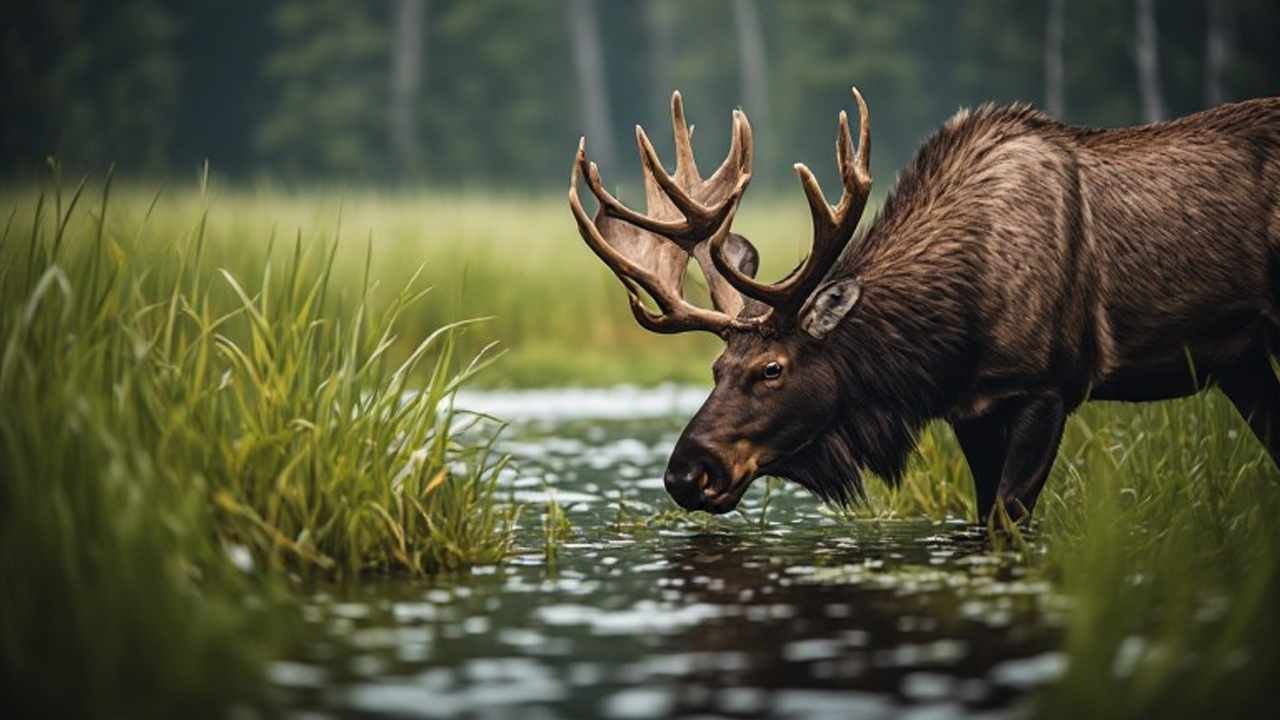 Bull moose with antlers in velvet feeding in a boreal wetland in northern Ontario