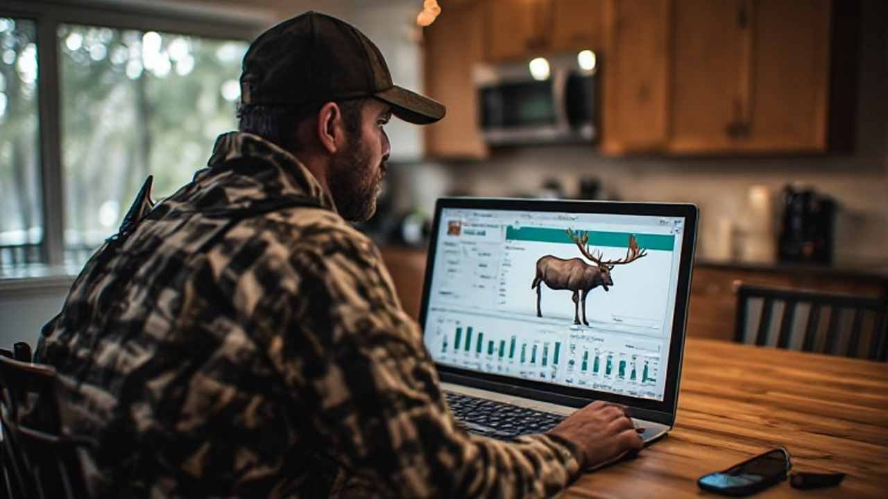 Canadian hunter reviewing moose draw results on a HAL account dashboard at a kitchen table