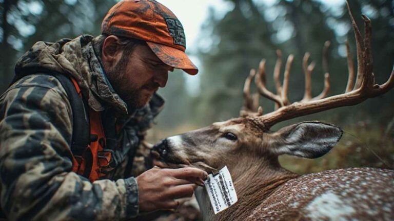Hunter attaching a legal big-game tag to a harvested deer in Canada