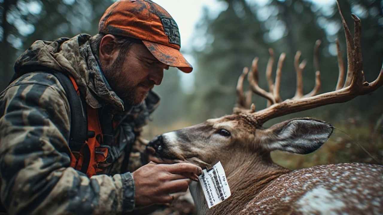 Hunter attaching a legal big-game tag to a harvested deer in Canada