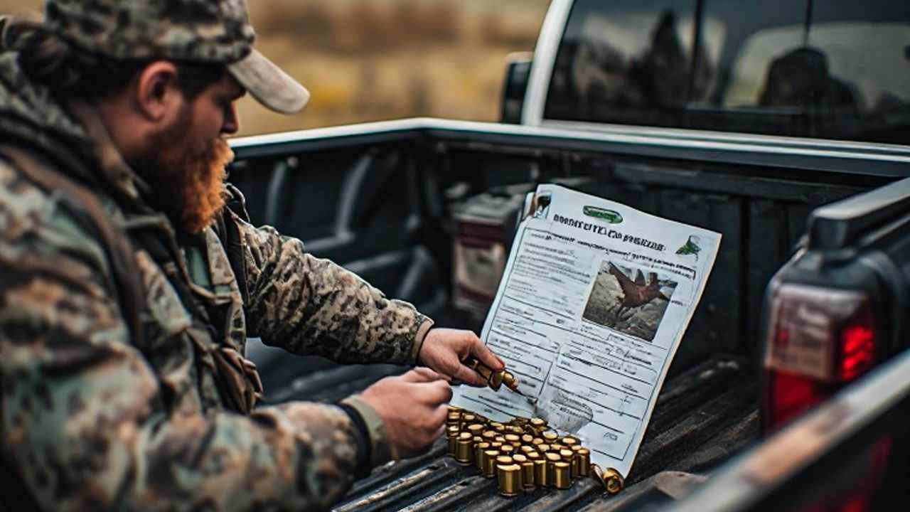 Hunter loading non-toxic shotgun shells beside a Migratory Game Bird Hunting e-permit and Conservation Stamp on a tailgate in rural Canada