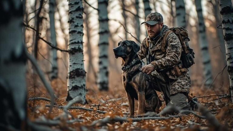 Hunter with a pointing dog in an aspen stand during Alberta ruffed grouse season