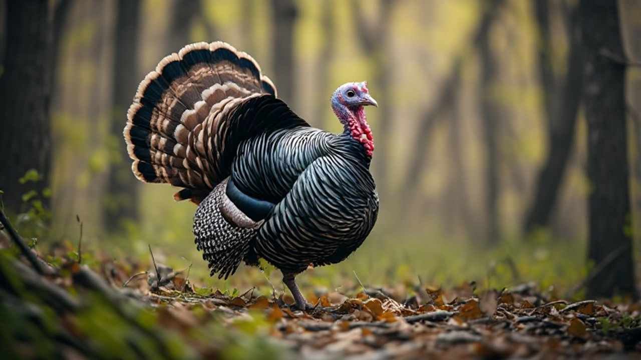 Wild turkey gobbler strutting in Ontario forest during spring hunting season