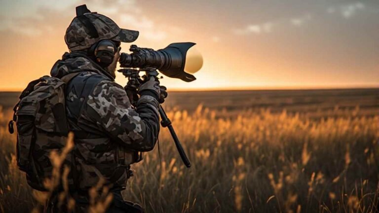 a Hunter in full three-layer system glassing across an Alberta prairie field at dawn
