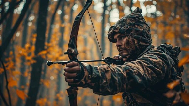 Archery hunter in Québec forest during fall