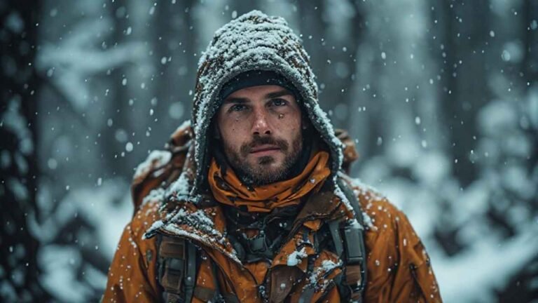 Canadian hunter layering clothing system for cold and wet weather in mixed snow and rain