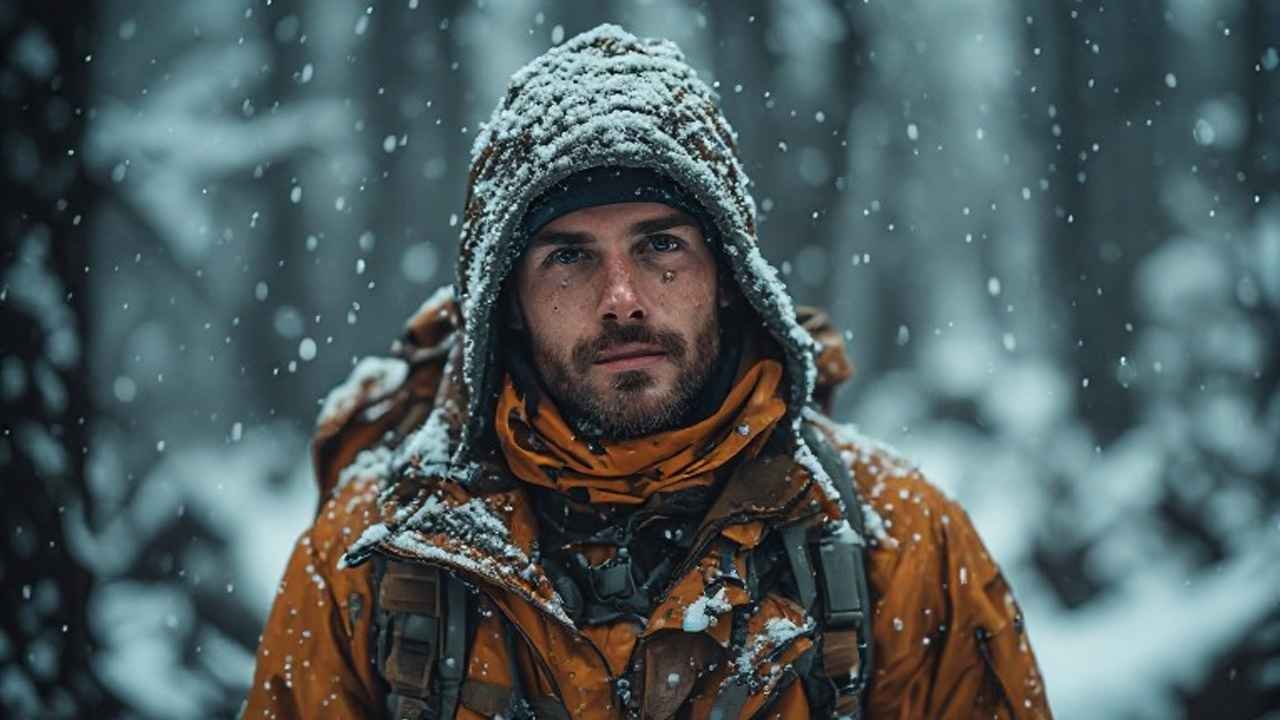 Canadian hunter layering clothing system for cold and wet weather in mixed snow and rain