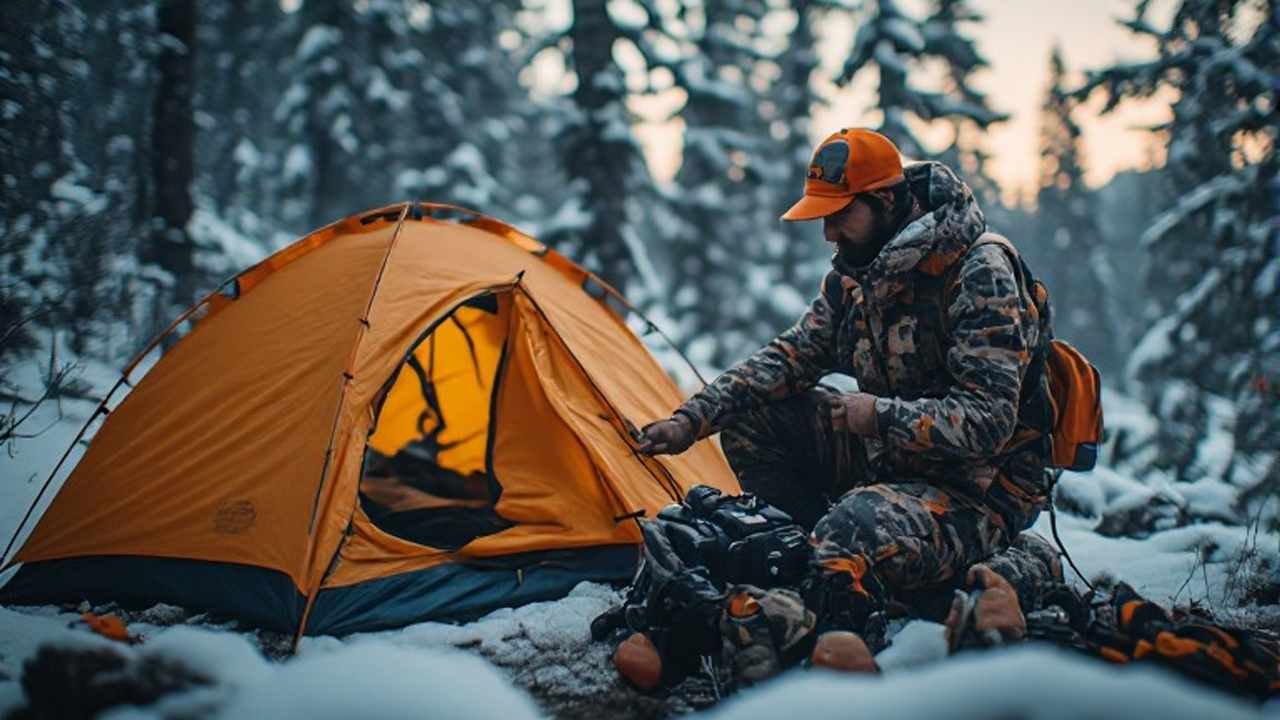 Canadian hunter setting up a tent at a remote backcountry camp