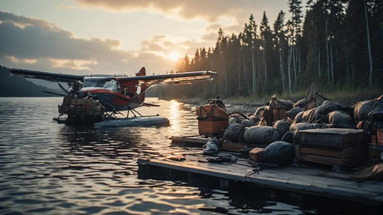 Float plane loading hunting gear at a remote Canadian outpost camp on a boreal lake at dawn