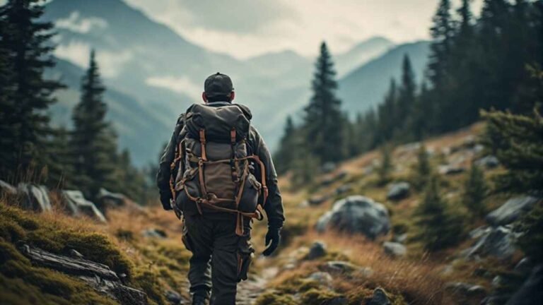 Hunter carrying a pack frame with elk quarters on a Canadian mountain trail