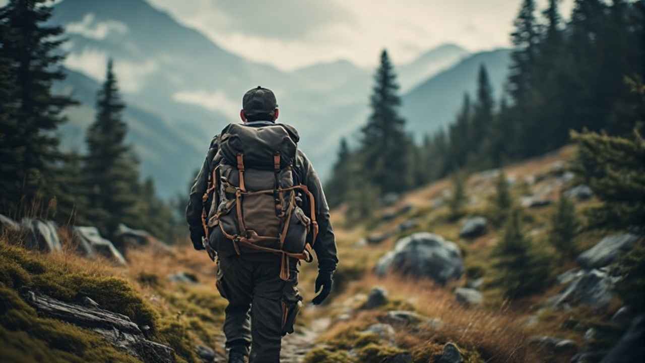 Hunter carrying a pack frame with elk quarters on a Canadian mountain trail