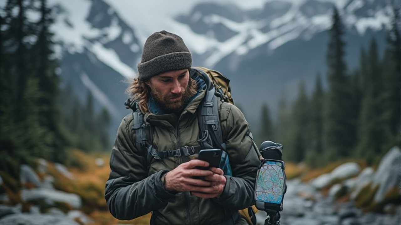 Hunter checking offline map layers on a smartphone in remote Canadian backcountry