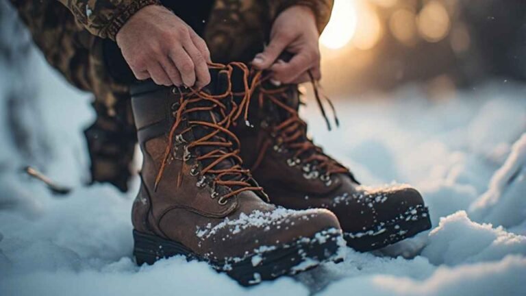 Hunter lacing insulated waterproof leather hunting boots before a snowy Ontario deer hunt at dawn