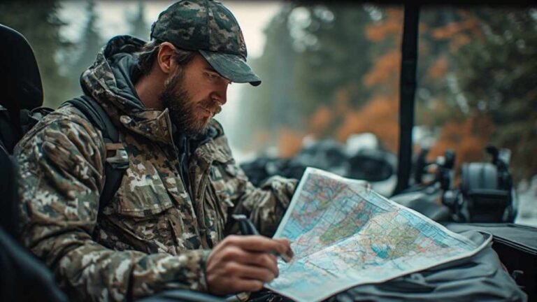 Hunter organizing maps and licenses for a cross-province road trip in Canada