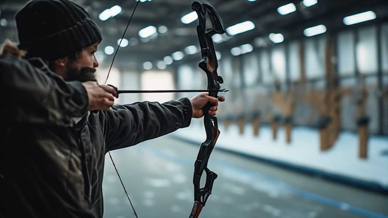 Hunter practicing Archery form on an indoor range during the Canadian winter