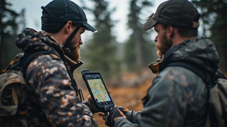 Hunters checking land ownership boundaries on a GPS mapping app before hunting on private land in Canada