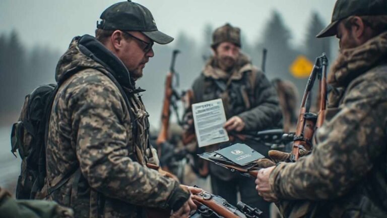 Hunters unloading rifles at a quiet Canada–US border crossing with passport and firearm declaration in hand
