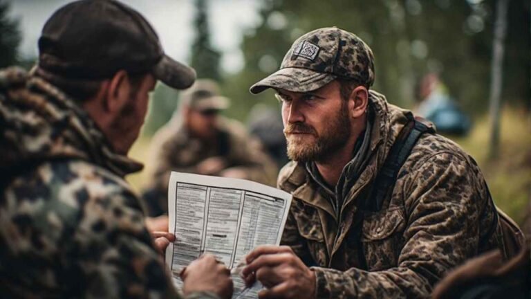 Non-resident hunter reviewing Canadian hunting license paperwork at an outfitter camp in Alberta