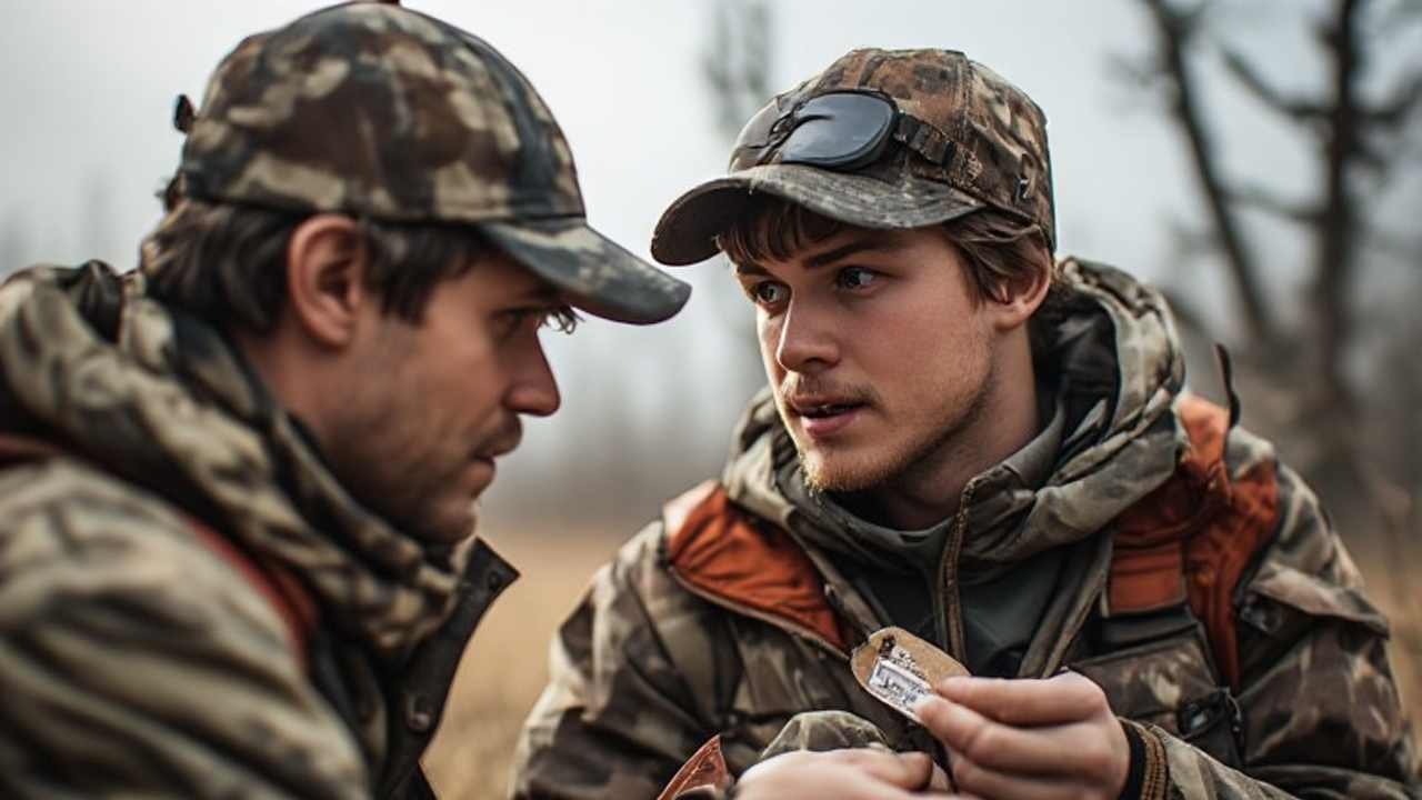 A young hunter with mentor checking a hunting tag in Alberta during the season