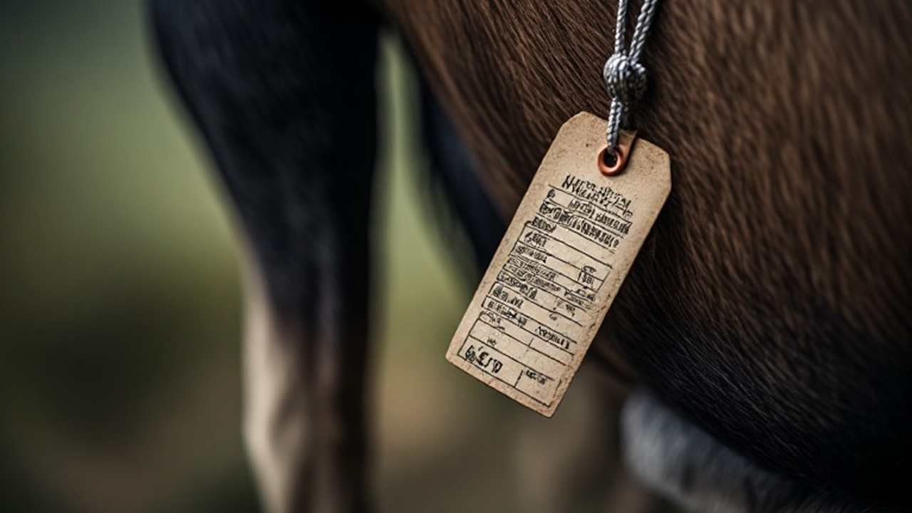 Close-up of a validated big game tag attached to a moose’s hind leg with a zip tie